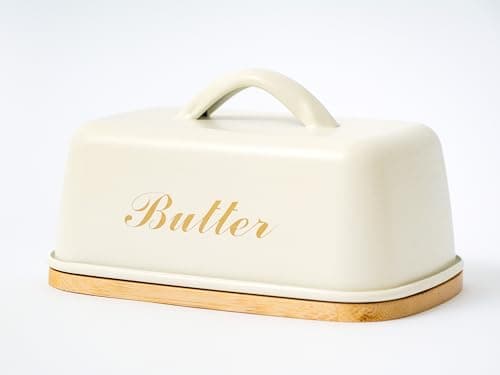Plexon Metal Butter Dish with Lid and Handle, Covered Butter Dish Airtight, Cute Counter Butter Keeper, Galvanized Steel Butter Counter Holder, Bamboo Butter Tray with Lid, Off-White