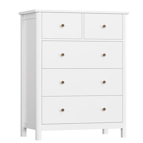 HOUSUIT White Dresser with 5 Drawers, Tall Chest of Drawers, 5 Drawer Dresser with Deep Space, Wood Storage Cabinet for Living Room, Hallway, Office, White