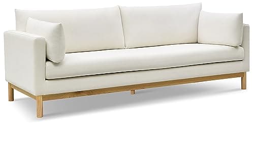 Meridian Furniture 157Cream-S Langham Collection Mid-Century Modern Linen Textured Fabric Upholstered Sofa, Cream Linen Textured Fabric, Natural Finish Wood Base, 89.5" W x 33.5" D x 33" H, Cream