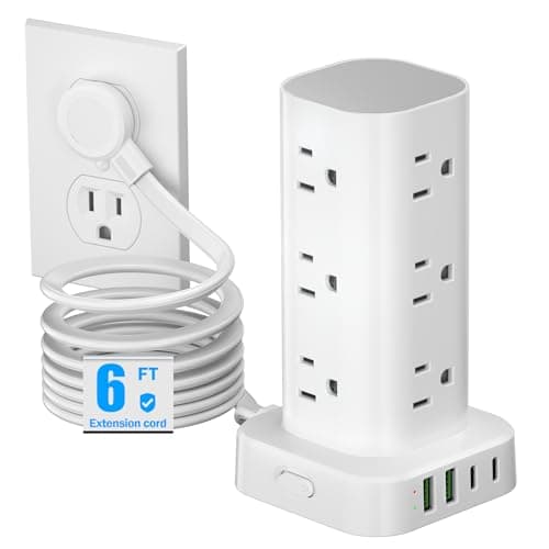 Tower Power Strips with Surge Protection, 6FT Flat Extension Cord with Multiple Outlets, 12 AC 4 USB Ports, Overload Protection Charging Station for Office Home Dorm Room Travel (White)
