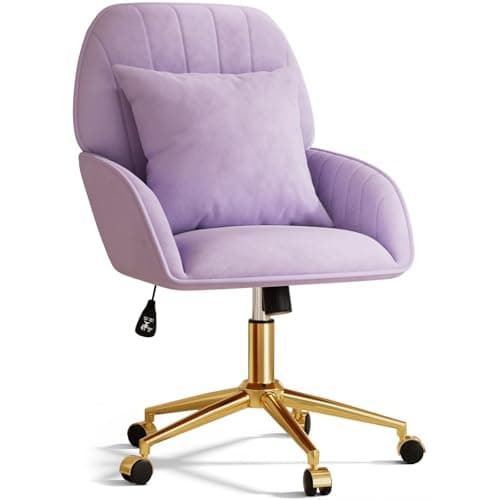 Home Office Desk Chair Comfy with Adjustable Swivel Wheels, Modern Velvet Makeup Vanity Chair with Back & Pillow, Ergonomic Office Chair Computer Task Chair for Living Room, Bedroom, Purple