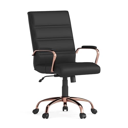 Flash Furniture Whitney Mid-Back Swivel LeatherSoft Desk Chair with Padded Seat and Armrests, Adjustable Height Padded LeatherSoft Office Chair, Black/Rose Gold