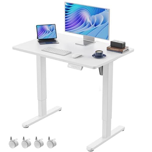 HUANUO Electric Small Standing Desk, 35" x 24" Whole Piece Desktop, Adjustable Height Computer Desk, 4 Height Memory Settings, Sit Stand Up Desk for Home Office, White
