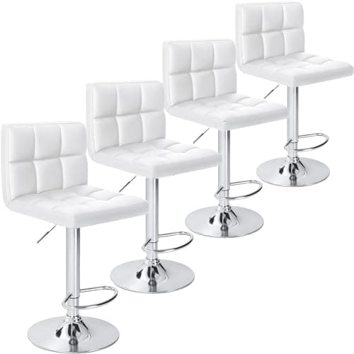 Homall Bar Stools Modern PU Leather Adjustable Swivel Barstools, Armless Hydraulic Kitchen Counter Bar Stool Extra Height Square Island Barstool with Back Set of 4 (Leather, White 4 Pcs)