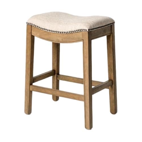 Maven Lane Adrien Backless Counter Stool – 26 Inches – Saddle Stool with Footrest – Natural Solid Wood Frame & Natural Fabric Upholstery – Perfect for Kitchen Islands & Counters