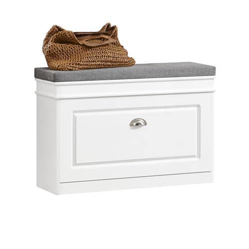 SoBuy Small Shoe Storage Bench, Narrow Shoe Cabinet for Entryway, Shoe Rack with Cushion&2 Tiers Flip-Drawer, Closet Hallway Mudroom White FSR82-L-W