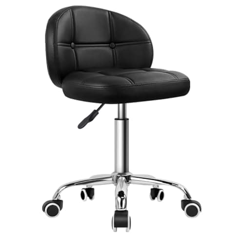 KKTONER Retro Rolling Stool with Wheels Swivel PU Drafting Stool Chair Height Adjustable Computer Desk Chair Office Chair with Back Black