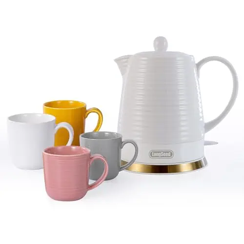 LONGSEED 1.26 Quarts Ceramic Electric Kettle with Infuser & Cups Kit, Boil Water Teapot, Boil-Dry Protection Auto Shut-off, Detachable Swivel Base, 1000W Fast Boiling for Tea and Coffee