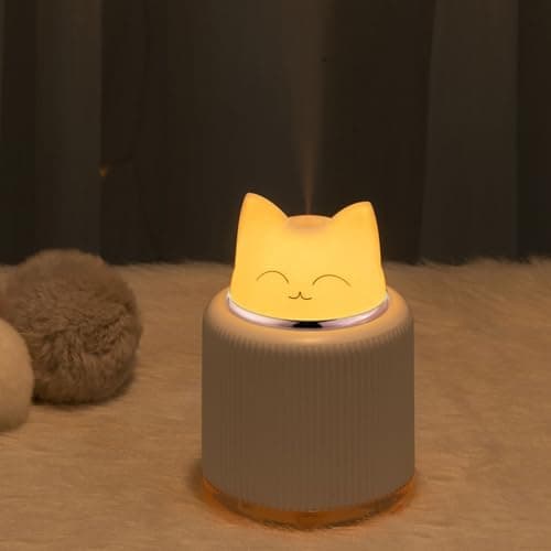 Mini Cute Cat Shape Humidifier - Personal Desktop Humidifier for Car, Plants, Office Room, Bedroom - 2 Mist Modes, 2 LED Colors, Auto Shutoff, Quiet