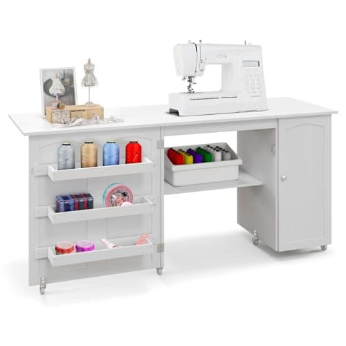 COSTWAY Sewing Machine Table, 62.5" x 20" Foldable Craft Station Table w/Lockable Casters, Storage Shelves, Bins & Single Door Cabinet, Multipurpose Sewing Machine Cabinet for Home, Bedroom (White)