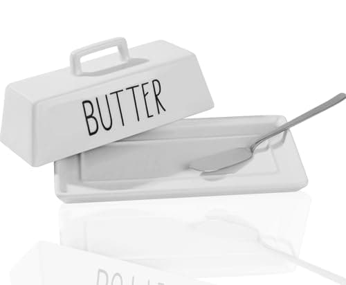 VICUKIE Butter Dish With Lid For Countertop, Butter Dish With Butter Knife, Butter Crock, Butter Keeper, Butter Container, Pure White Kitchen Decor, Kitchen Accessory (WHITE), 19.3*9.7CM