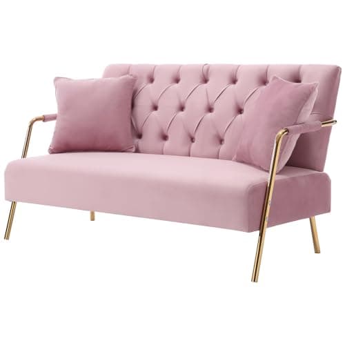 GEEVIVO Small Velvet Loveseat Sofa: 58" Mid Century Modern 2 Seater Couch - Comfortable Sofa Couch with 2 Pillows and Gold Metal Legs - Small Spaces Bedroom Apartment Office Living Room (Pink)