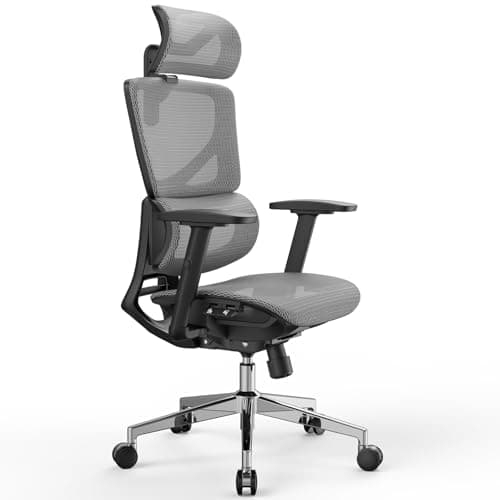 OdinLake L1 Ergo Upgrade 518 Grey Ergonomic Mesh Office Chair – Big & Tall 350lbs, Adjustable Lumbar Support, Seat Depth, Height, Headrest, Armrests, High Back Desk Chair