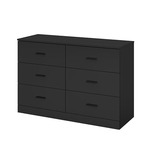 Panana Modern 6 Drawer Dresser for Bedroom, Wood Wide Chest of Drawers Floor Storage Lateral Drawer Cabinet Organizer with Metal Handles for Home Office (Black)