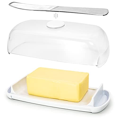 Butter Hub Extra Large Butter Dish with Lid and Knife, European Size Magnetic Butter Keeper, Easy Scoop, No Mess Lid, Plastic, Dishwasher Safe (Clear, European / 2 Sticks)