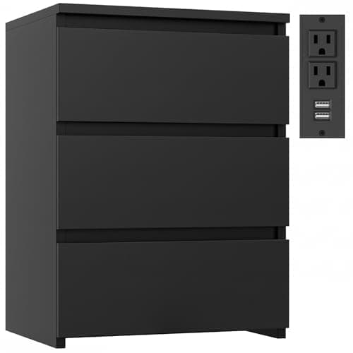 FOTOSOK Black Nightstand, 26" H Night Stand with Charging Station, Black Nightstand with USB Ports & Power Outlets, Silent Slides, Wooden End Side Table Bedside Table with 3 Drawers for Bedroom