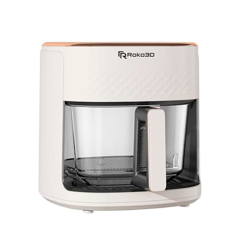 ROKO 3D Air Fryer Glass Non-Toxic Basket 4.5 Quart, Oil-Free Fry, Bake & Roast | LED Touch Panel, Timer, Dishwasher Safe | Healthy Easy Cooking, White Design