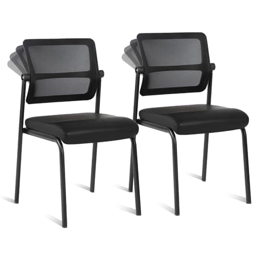 CLATINA Stackable Waiting Room Chair with Adjustable Mesh Backrest, Armless Office Guest Reception Chairs with Leather Cushion and Ergonomic Lumbar Support for Conference Lobby Side School, Black, 2PK