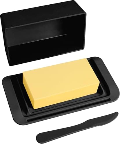 Bamboo Butter Dish with Lid,Knife,Large Butter Keeper for Countertop and Fridge,Holder Container for 2 Sticks East Coast/West Coast/European Style/Kerrygold Butter,Dishwasher Safe,Black