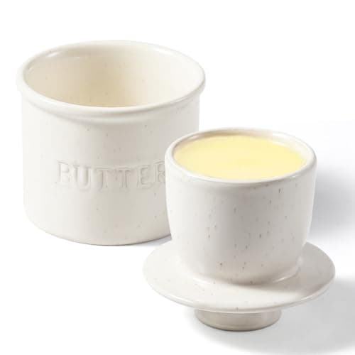 Butter Crock with Lid for Countertop - Ceramic French Butter Dish for Spreadable Soft Butter, Butter Container Holder with a Water Seal, Housewarming Gift, Kitchen and Home Decor, Speckled White