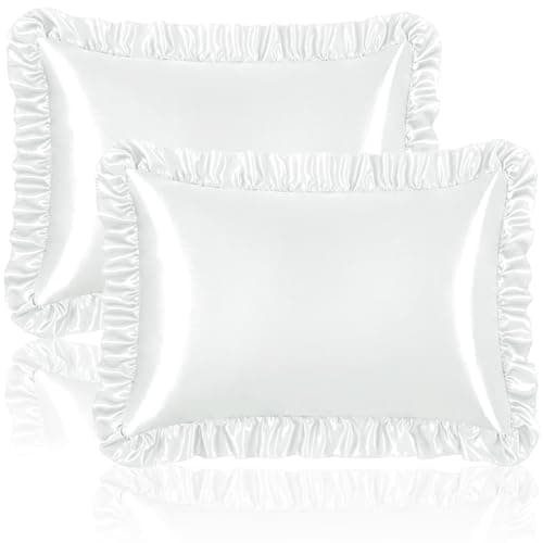 Homiest Ruffle Satin Pillowcase for Hair and Skin, Standard Size Satin Pillow Covers Silky Pillow Cases Set of 2, Satin Ruffled Pillowcase with Envelope Closure, Anti Wrinkle Pillow Shams (White)