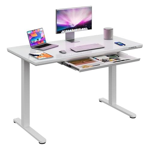 DEVAISE Standing Desk with Drawers, Whole-Piece Glass Adjustable Height Desk, 48 Inch Electric Stand Up Desk, Quick Install, White