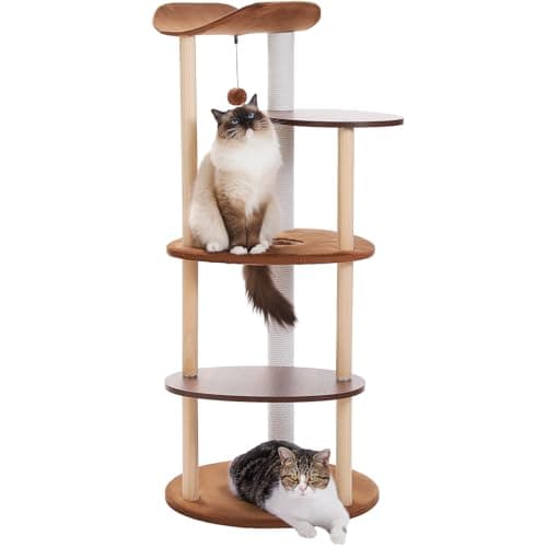 PETEPELA Wood Cat Tree Tower for Indoor Cats,5-Level Modern Cat Tree Cat Activity Center with Scratching Posts, Brown