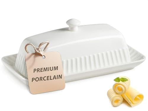 YHOJOY Ceramic Butter Dish with Lid, White Butter Holder Container with Porcelain Cover Knob Handle, Butter Dishes for Countertop Refrigerator, Perfect for East West Coast Butter Storage, Striped