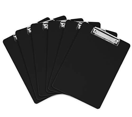 Black Plastic Clipboards (Set of 6) Multipack - 12.5x9 Inch Clipboard Holds 100 Sheets, Low Profile | Colored Acrylic Clip Boards in Bulk for Kids & Professionals