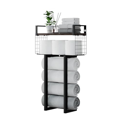 Loteba Towel Rack Wall Mounted for Bathroom. Multi-Functional Bath Floating Shelves with Towel Rack, Paper Holder and Storage Basket Over The Toilet for RV Camper or Small Space