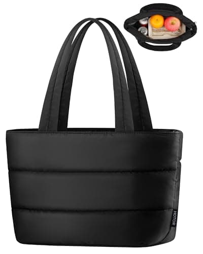 HOTOR Puffer Tote Lunch Bag for Women - Large Capacity Insulated Lunch Box & Cooler, Leakproof Thermal Lunch Bag for Office, Gym, Travel, Picnic, Black, 10.2" x 6.1" x 8.3"