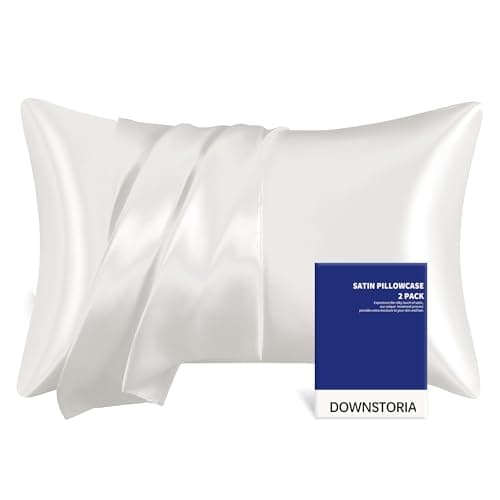 DOWNSTORIA Satin Pillowcase for Hair and Skin Similar to Silk Pillow Cases 2 Pack,Smooth and Cooling, Silky Pillow Cover with Envelope Closure Set of 2, Gifts for Women Men(20x36 Inches, White)