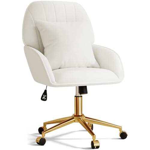 Home Office Desk Chair Comfy with Adjustable Swivel Wheels, Modern Velvet Makeup Vanity Chair with Back & Pillow, Ergonomic Office Chair Computer Task Chair for Living Room, Bedroom, White