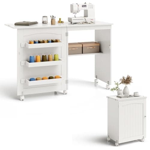 COSTWAY Folding Sewing Table, Multipurpose Craft Station Desk, Display Cabinet with Shelves Storage, Lockable Wheels, Rolling Sewing Machine Desk for Home Apartment, White