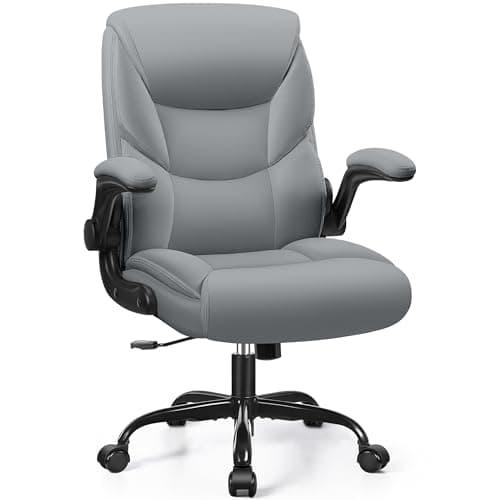 FelixKing Leather Office Chair, Small PU Ergonomic Desk Chair, Comfy Computer Chair with Wheels and Flip-up Armrests, Adjustable Height Mid Back Executive Office Chair for Short People-Gray