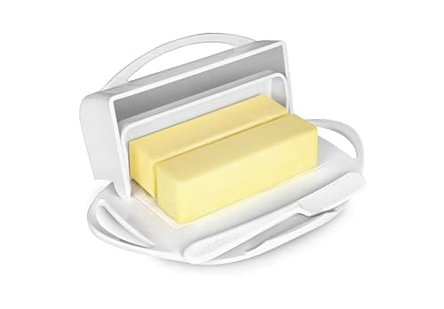 Butterie Flip Top Butter Dish with Attached Lid & Matching Knife - Holds 2 Sticks, Fits Kerrygold/European Butter - BPA Free & Dishwasher Safe - White