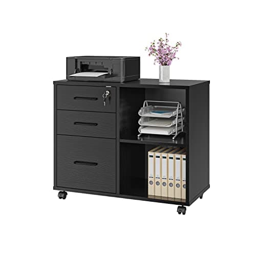 Panana 3 Drawer Office File Cabinets, Mobile Lateral Printer Stand with Open Storage Shelf, Rolling Filing Cabinet with Wheels Home Office Organization and Storage (Black)