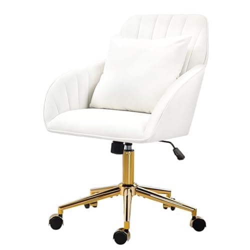 Modern Home Office Desk Chair, Comfy Velvet Upholstered Vanity Chair with Pillow, Adjustable Height Armchair with Swivel Wheels for Living Room, Bedroom, Makeup Room, Office, White