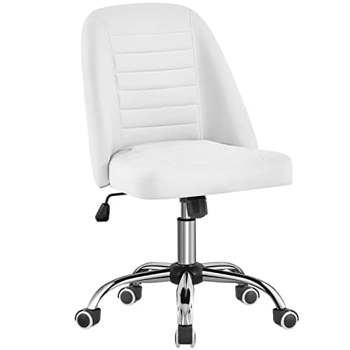Yaheetech Mid Back PU Leather Armless Desk Office Chair, Modern Vanity Chair with Rolling Wheels, Metal Base White