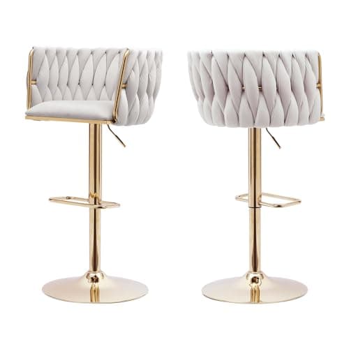 ECHINGLE Beige Swivel Bar Stools Set of 2 - Modern Adjustable Velvet Counter Height Chairs with Woven Back
