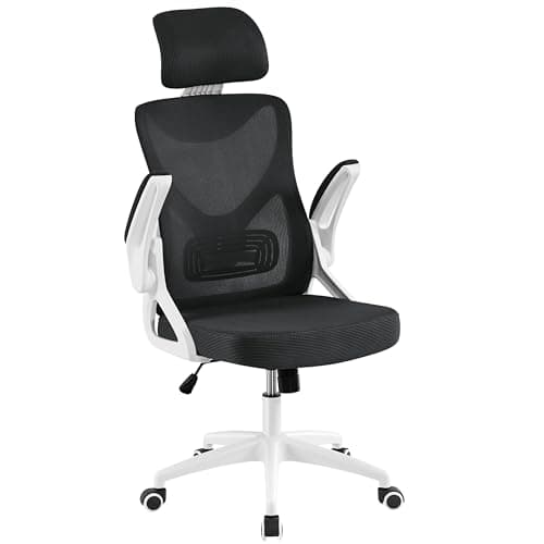 Yaheetech Ergonomic Mesh Office Chair, High Back Desk Chair with with flip-up Armrests, Adjustable Padded Headrest Computer Chair with Lumbar Support for Home Oiffce Game Room, White/Black