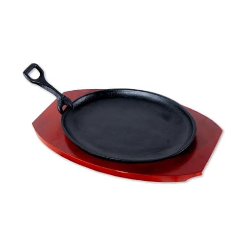 Carvers Olde Iron Fajita Cast Iron Skillet Set – Sizzling Plate with Wooden Base and Handle