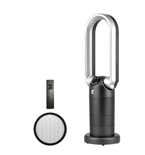 Ocean Loong Bladeless Tower Fan with Air Purifier - Oscillation & Tilt Head - Quiet Cooling Fan for Bedroom Home Office 9 Speeds 9Hours Timer and Remote Control (Black, 29”)