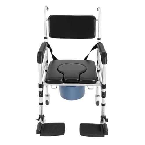 Shower Chair with Wheels, Rolling Commode Chair for Toilet with Arms, Adjustable Height Folding Bath Commodes for Inside Shower, Bedside Wheelchair Bathroom Chairs for Elderly Disabled Injured
