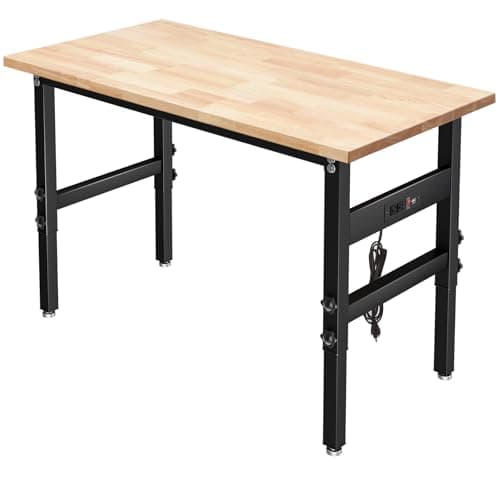 48" Adjustable Work Bench Garage Workbench with Power Outlets, 2200 Lbs Capacity Hardwood Top Work Bench Table Heavy-Duty Workbench for Garage, Workshop, Office, Home