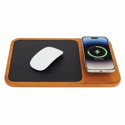 Oliver Gray Wireless Charger & Mouse Pad, 3-in-1 Charging Mat + Phone Holder, Wooden Finish, Vegan Leather