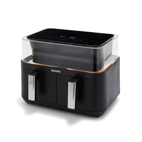 GreenPan Clearview 10QT Double Air Fryer, 360° Clear Window, PFAS-Free Ceramic Nonstick 5QT Drawers & Trays, Dual Cooking, 12-Presets, Shake Reminder, Keep Warm, Dishwasher Safe Parts
