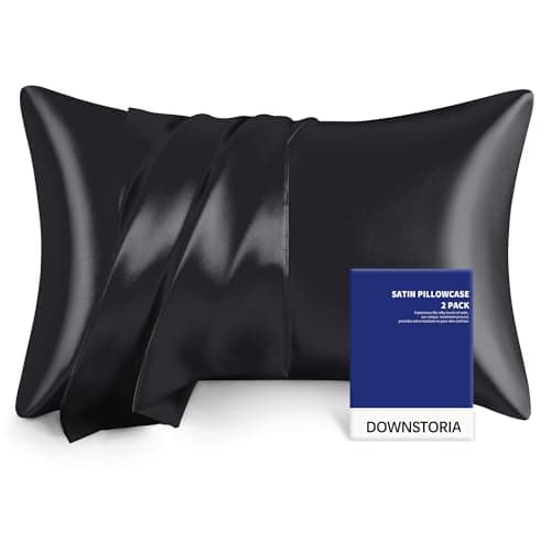 DOWNSTORIA Satin Pillowcase for Hair and Skin Similar to Silk Pillow Cases 2 Pack,Smooth and Cooling, Silky Pillow Cover with Envelope Closure Set of 2, Gifts for Women Men(20x36 Inches, Black)