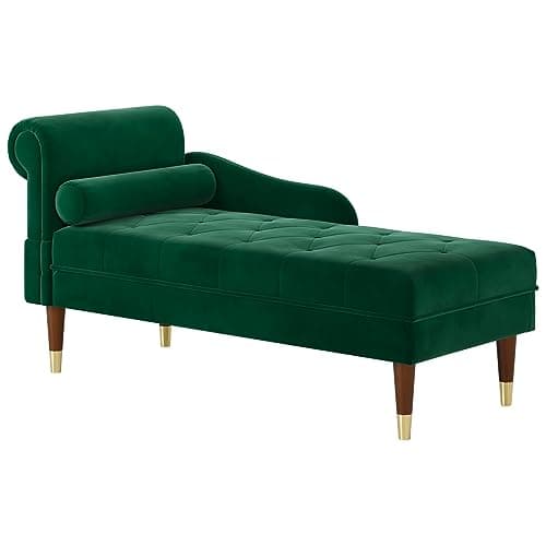 Vesgantti 59" Velvet Chaise Lounge Indoor,Upholstered Furniture Lounge Chair with Left Armrest & Lumbar Pillow, Button Tufted Lounge Sofa for Living Room Bedroom Office,Tool-Free Assembly(Green)