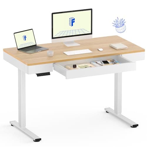 FLEXISPOT Q5 Standing Desk with Drawer, 48 x 24 Inch Electric Adjustable Height Stand Up Desk with Storage Organizer, Whole Piece Wooden Desktop for Home, Office, Computer Workstation, Maple